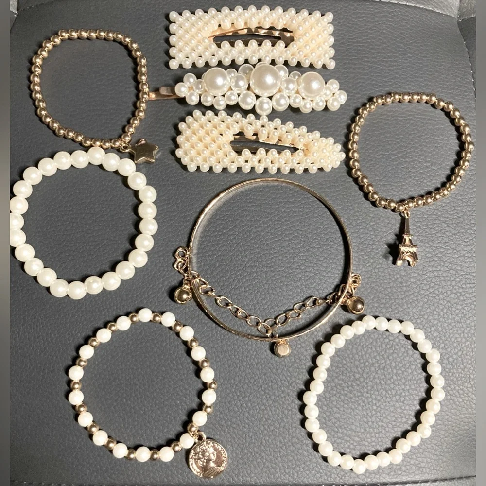 BUNDLE DEAL❗️3 Pack Pearl Hair Clips/ GOLD BANGLE BRACELET - Picture 1 of 8